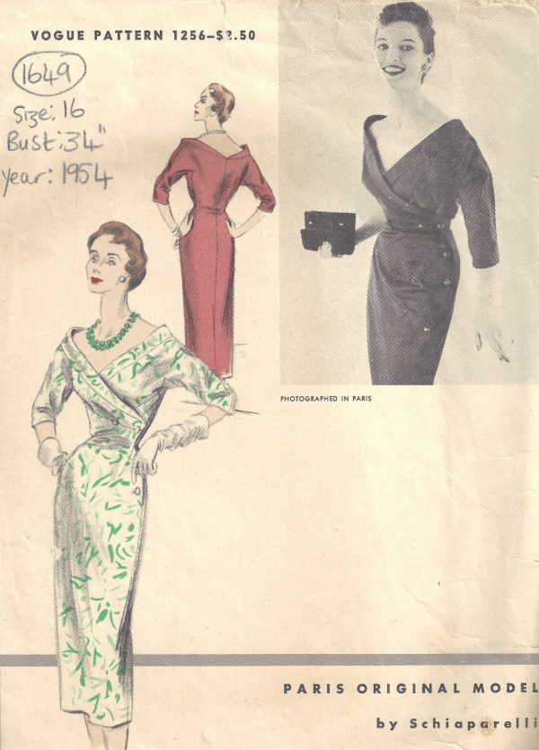 1954-Vintage-VOGUE-Sewing-Pattern-DRESS-B34-1649-By-Schiaparelli-262444513994
