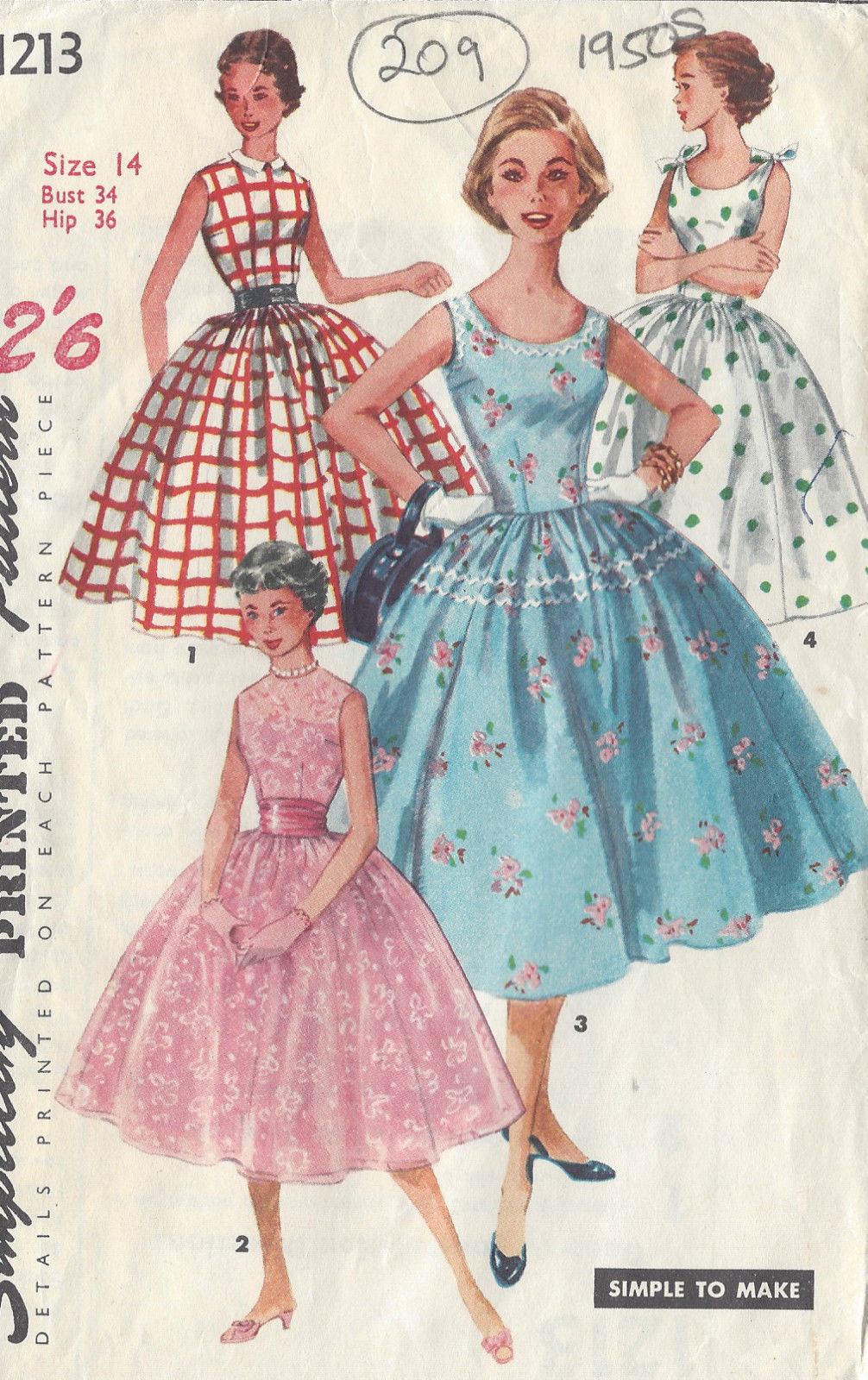R522 1955 vintage sewing pattern dress B32"