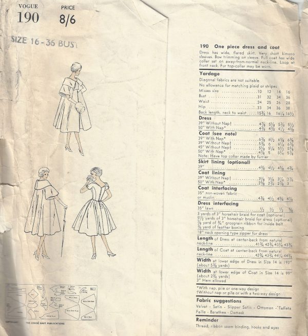 1959-Vintage-VOGUE-Sewing-Pattern-B36-ONE-PIECE-DRESS-COAT-1767R-262786113594-2