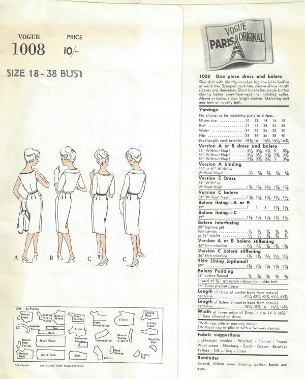 1960-Vintage-VOGUE-Sewing-Pattern-B38-DRESS-BOLERO-JACKET-1555-By-Nina-Ricci-262179779834-2