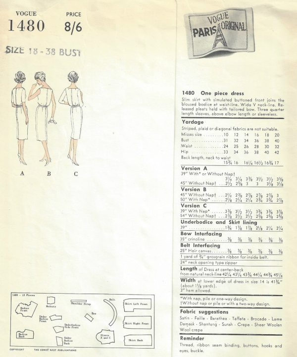 1960-Vintage-VOGUE-Sewing-Pattern-DRESS-B38-1554-By-Patou-252202838254-2