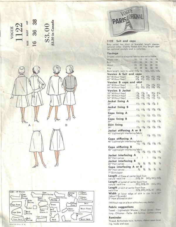 1960s-Vintage-VOGUE-Sewing-Pattern-B36-SKIRT-JACKET-CAPE-1560R-JEAN-DESSES-252208826364-2