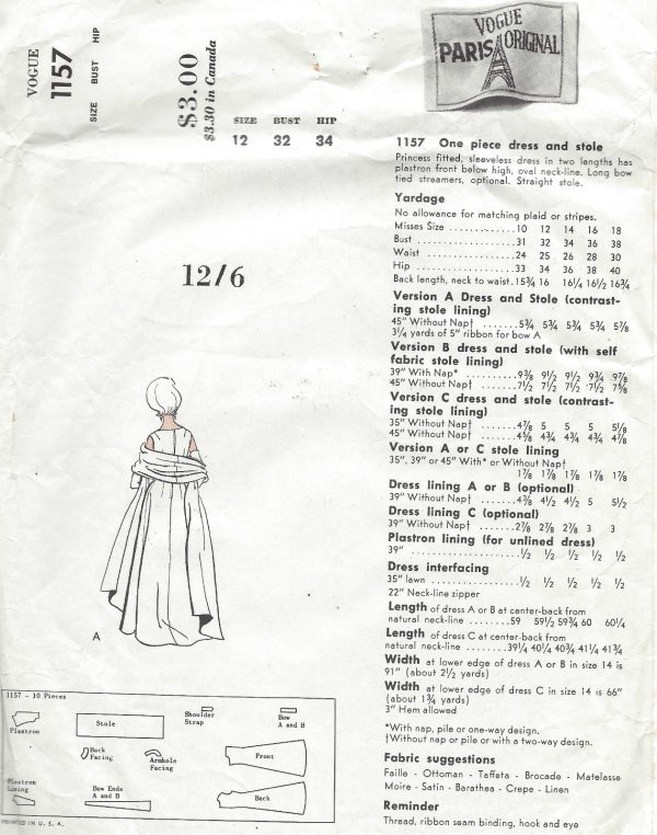 1962-Vintage-VOGUE-Sewing-Pattern-B32-DRESS-STOLE-1341-By-NINA-RICCI-261649032224-3