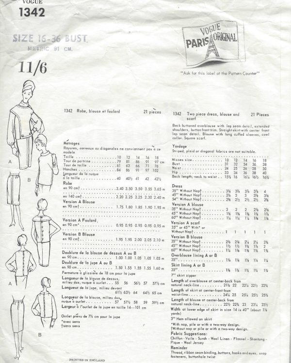 1964-Vintage-VOGUE-Sewing-Pattern-DRESS-BLOUSE-SCARF-B36-1513R-Pierre-Cardin-262066460584-2