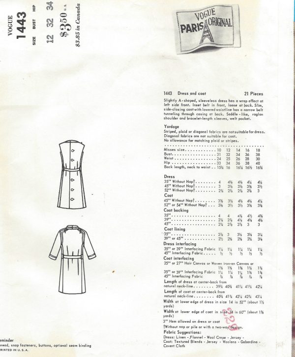 1965-Vintage-VOGUE-Sewing-Pattern-COAT-DRESS-B32-1422R-Pierre-Cardin-261940459824-2