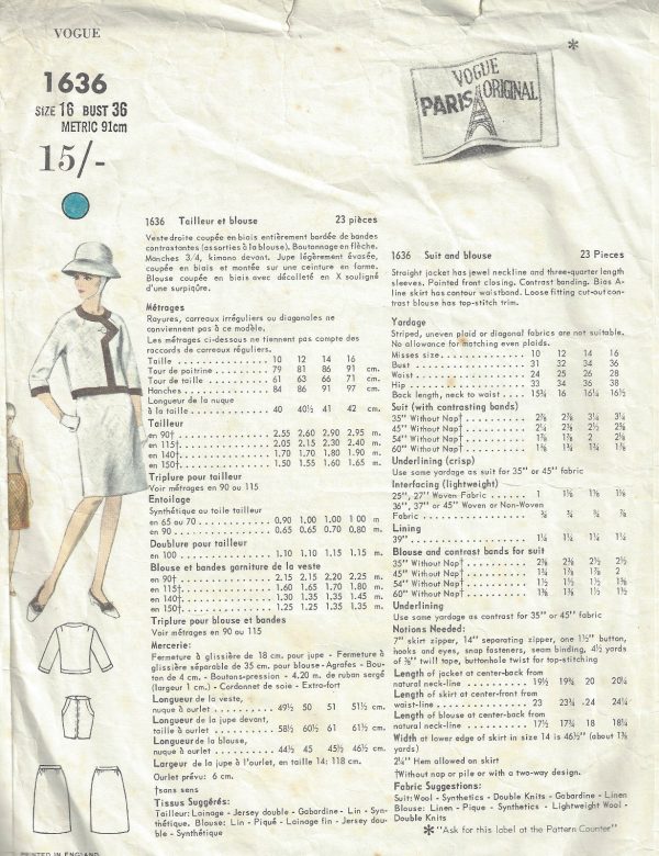 1966-Vintage-VOGUE-Sewing-Pattern-B36-JACKET-SKIRT-BLOUSE-1572-Pierre-Cardin-252302648864-2
