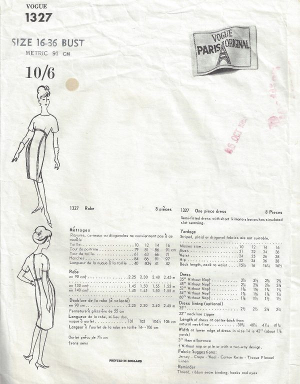 1966-Vintage-VOGUE-Sewing-Pattern-DRESS-B36-1724-BALMAIN-252490558834-2