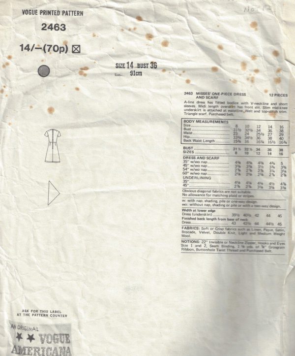 1971-Vintage-VOGUE-Sewing-Pattern-B36-DRESS-SCARF-1698-By-Bill-Blass-252471121954-2
