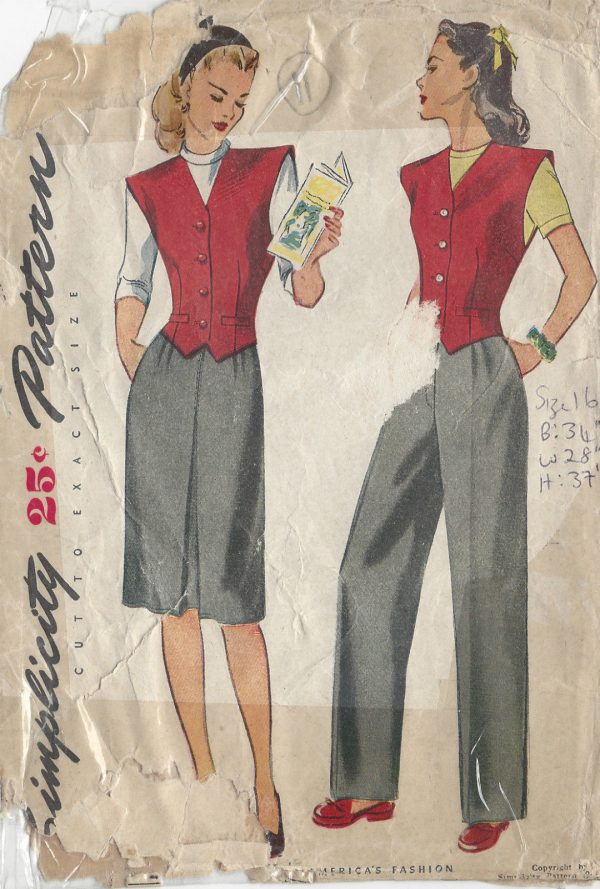 1945-Vintage-Sewing-Pattern-B30-W25-SKIRT-TROUSERS-VEST-R601-251148599065