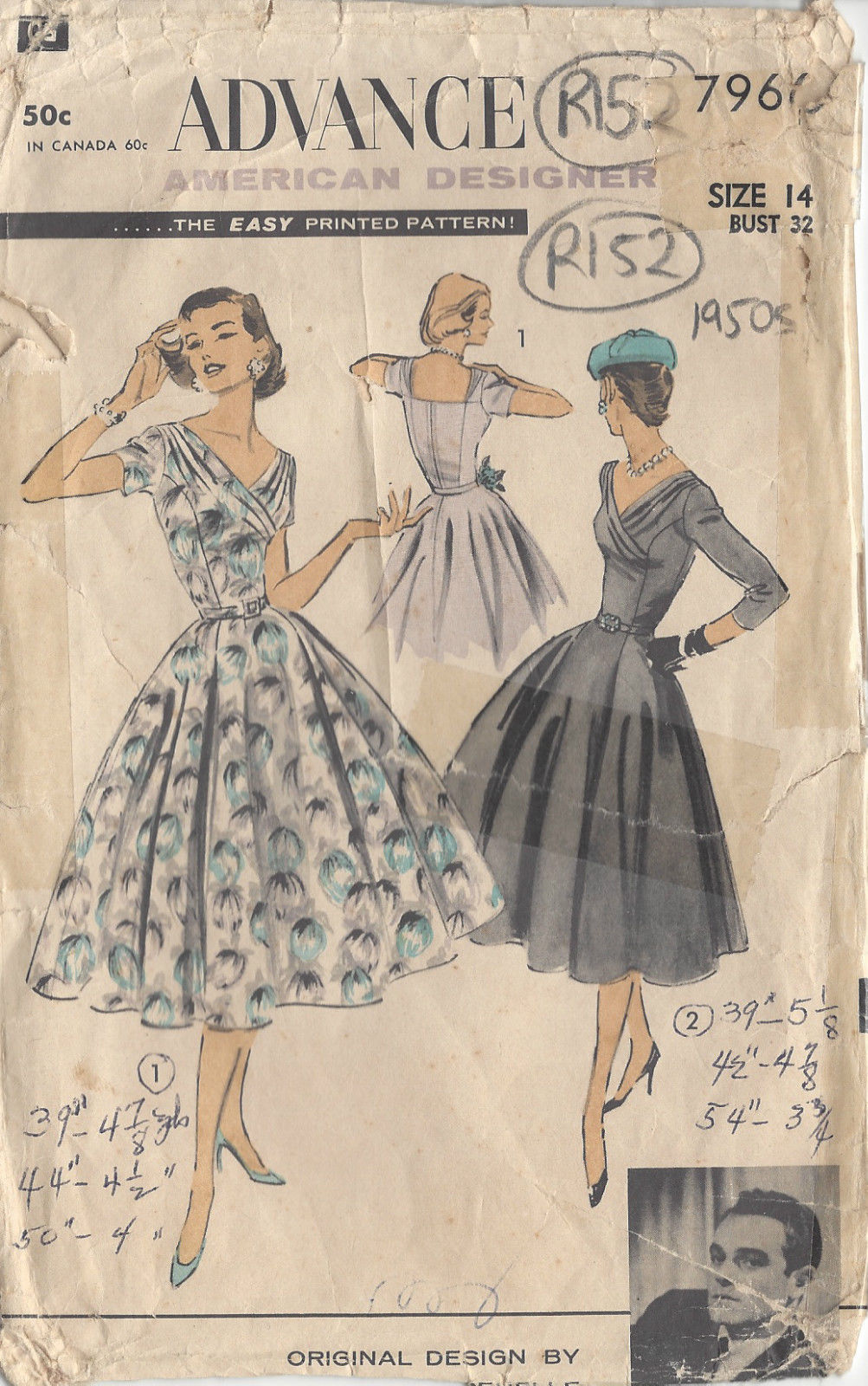1950s Vintage Sewing Pattern B32 DRESS (R152) By Advance 7966 By
