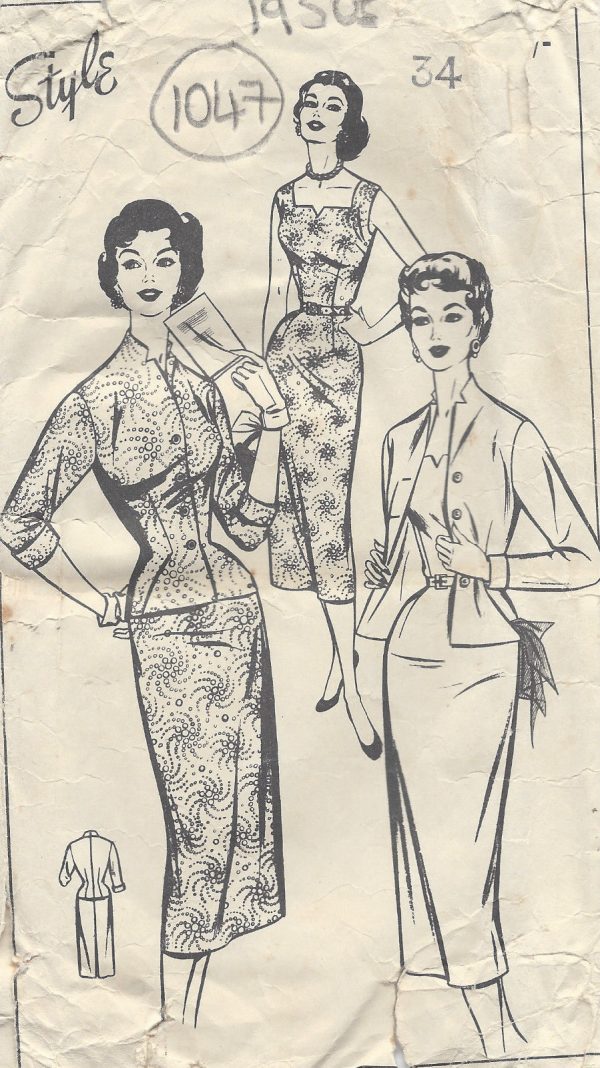 1950s-Vintage-Sewing-Pattern-B34-WIGGLE-DRESS-JACKET-1047-251300065985