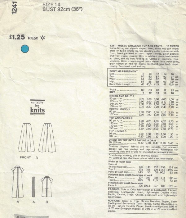 1970s-Vintage-VOGUE-Sewing-Pattern-B36-TOP-PANTS-DRESS-1711R-Jerry-Silverman-252485775375-2