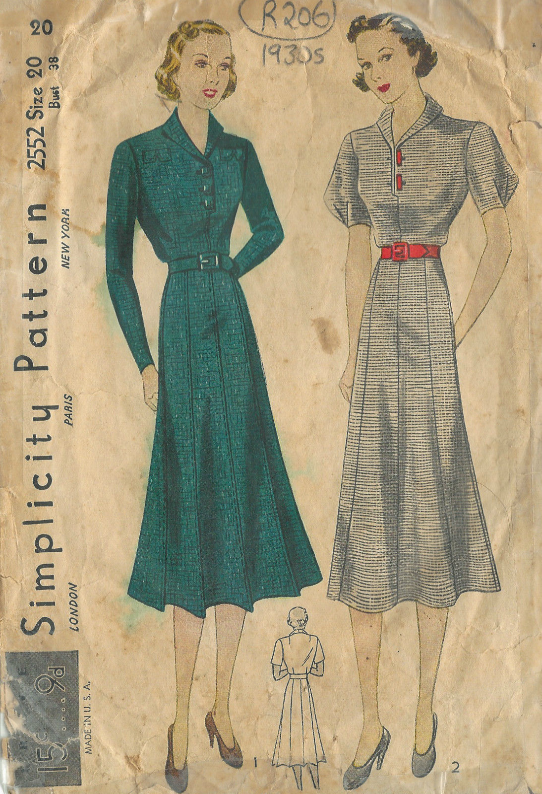 1930s Vintage Sewing Pattern DRESS B38