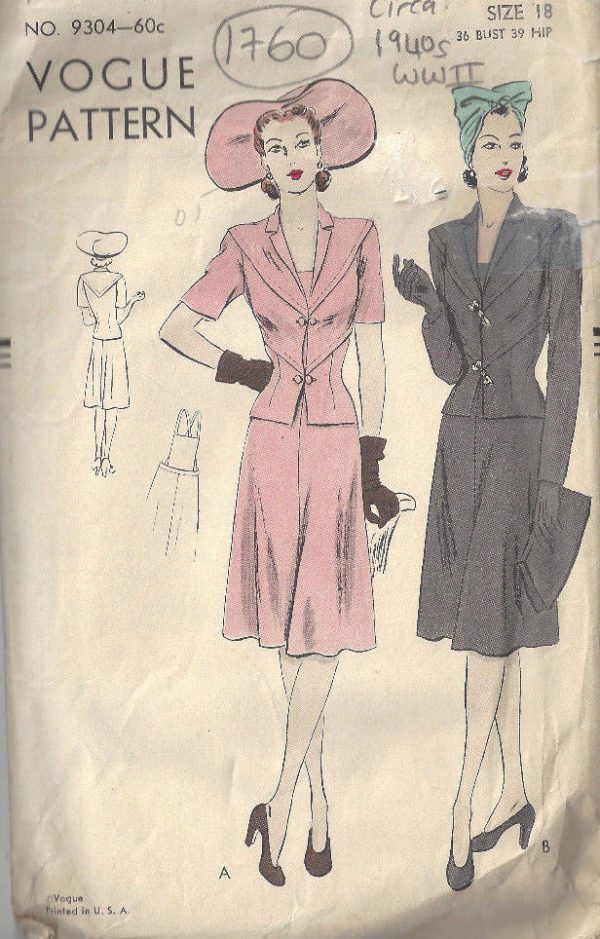 1940s-WW2-Vintage-Sewing-Pattern-B36-TWO-PIECE-DRESS-1760-252499131186