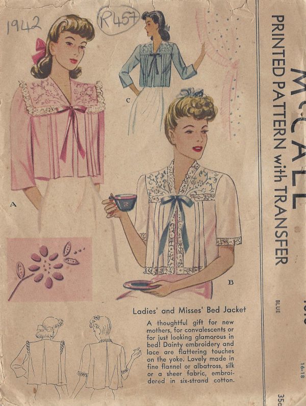 1942-Vintage-Sewing-Pattern-B34-36-BEDJACKET-EMBROIDERY-TRANSFER-R457-251153222456