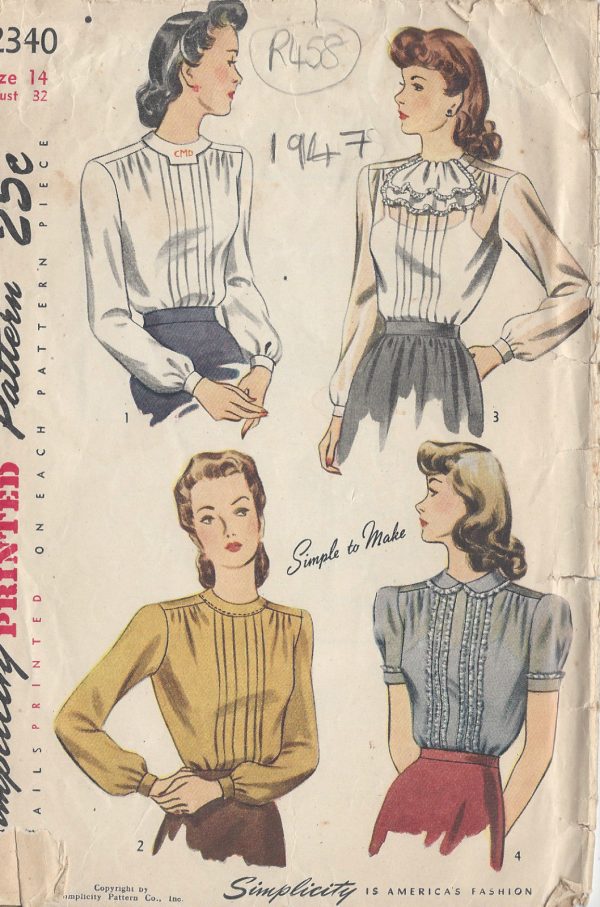 1947-Vintage-Sewing-Pattern-BLOUSE-B32-R458-251153217546