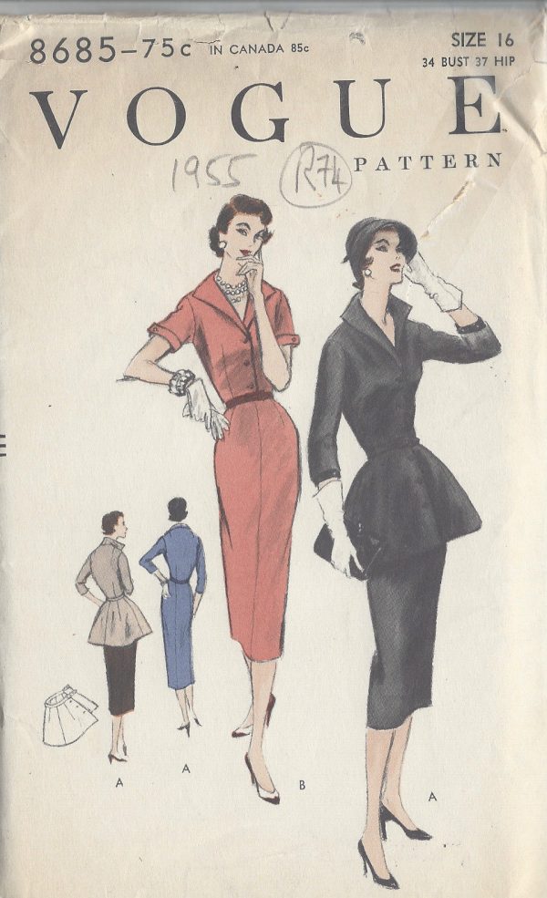 1955-VOGUE-Vintage-Sewing-Pattern-B34-DRESS-PEPLUM-R74-251173235936
