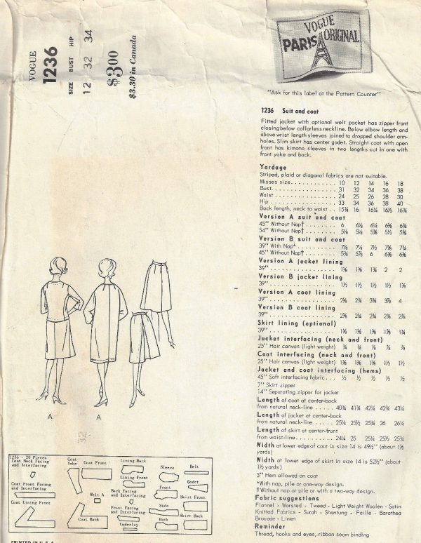1963-Vintage-VOGUE-Sewing-Pattern-COAT-SUIT-B32-1686-Pierre-Cardin-252462270356-2