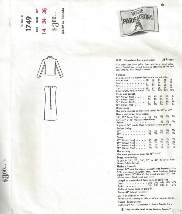 1967-Vintage-VOGUE-Sewing-Pattern-B34-DRESS-JACKET-1790-JEANNE-LANVIN-262893663336-2