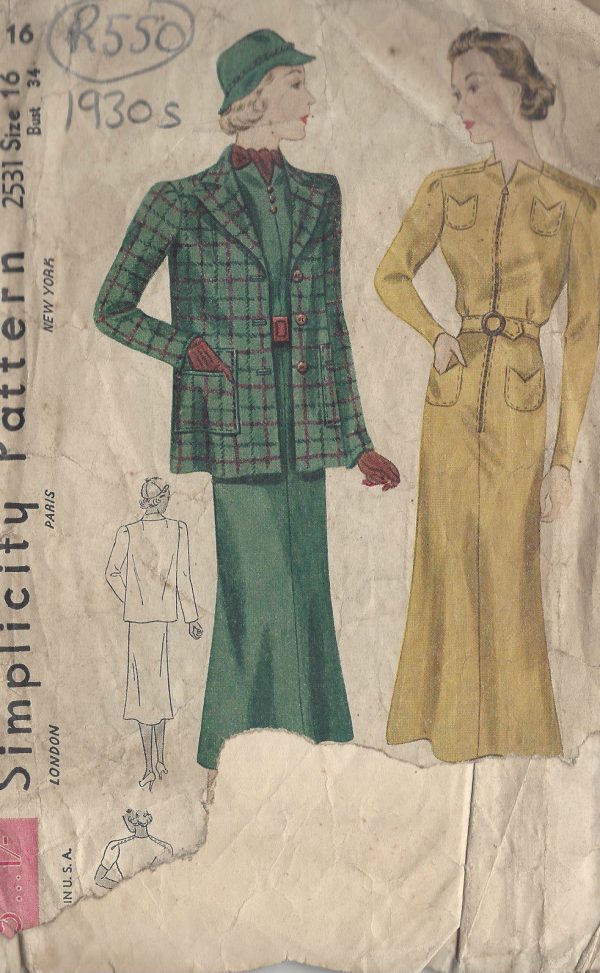 1930s-Vintage-Sewing-Pattern-DRESS-JACKET-B34-R550-251150988187