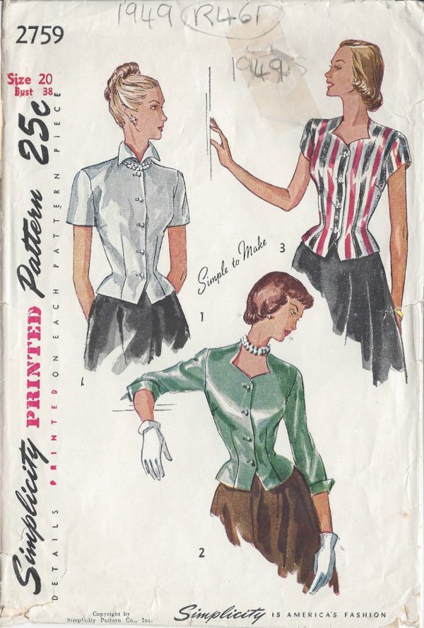 1949-Vintage-Sewing-Pattern-BLOUSE-B38-R461-251142567647