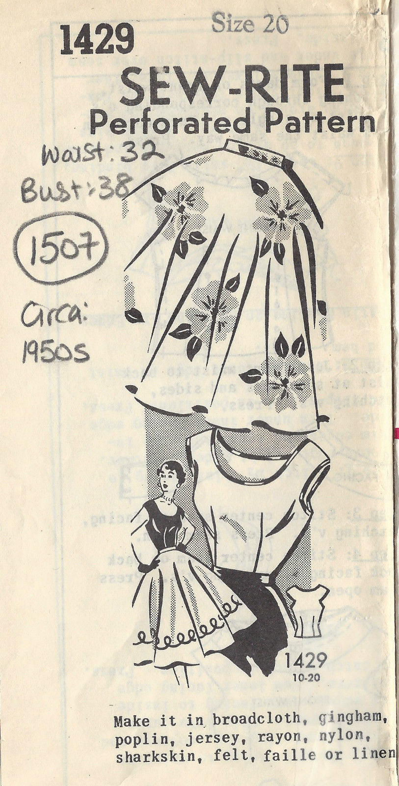 1950s Vintage Sewing Pattern B38