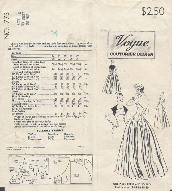1953-Vintage-VOGUE-Sewing-Pattern-B30-EVENING-DRESSGOWN-BOLERO-E1305-261537931457-2