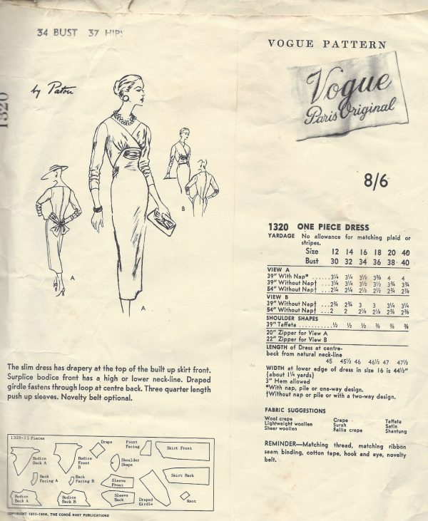 1955-Vintage-VOGUE-Sewing-Pattern-DRESS-B34-1475-By-Patou-262001107587-2