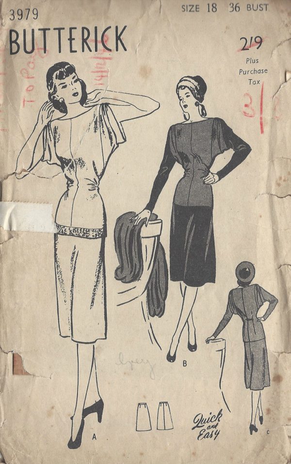 1940s-Vintage-Sewing-Pattern-B36-TWO-PIECE-DRESS-R847-261163686848
