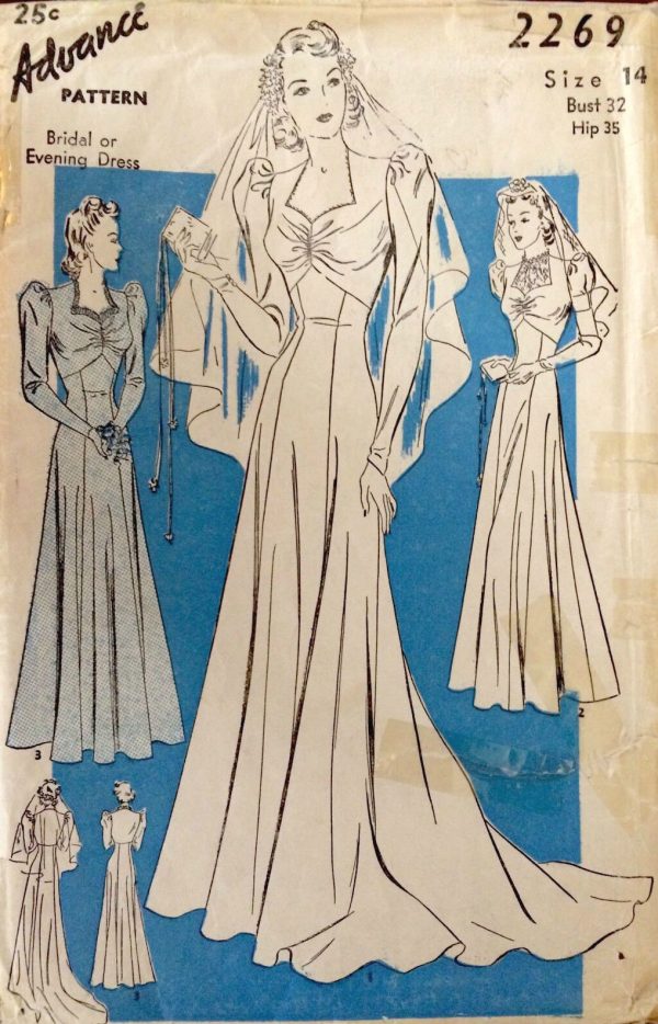 1940s-WW2-Vintage-Sewing-Pattern-B32-BRIDAL-EVENING-DRESS-with-TRAIN-1538R-262089843208