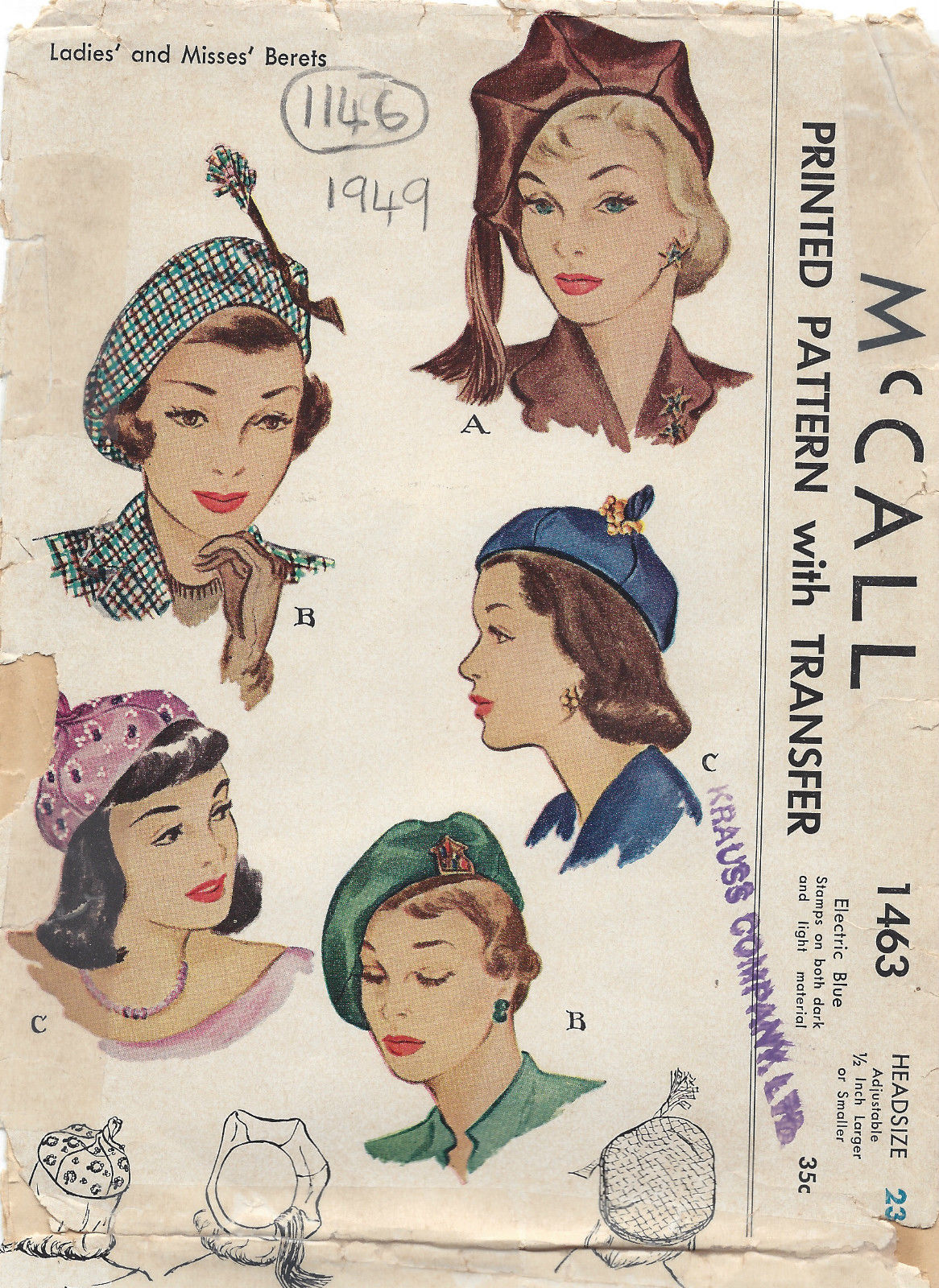 1949 Vintage Sewing Pattern HAT S23