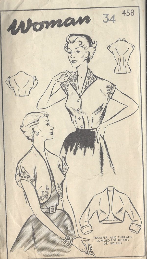 1950s-Vintage-Sewing-Pattern-B34-BLOUSE-BOLERO-EMROIDERY-TRANSFER-R741-251175087258