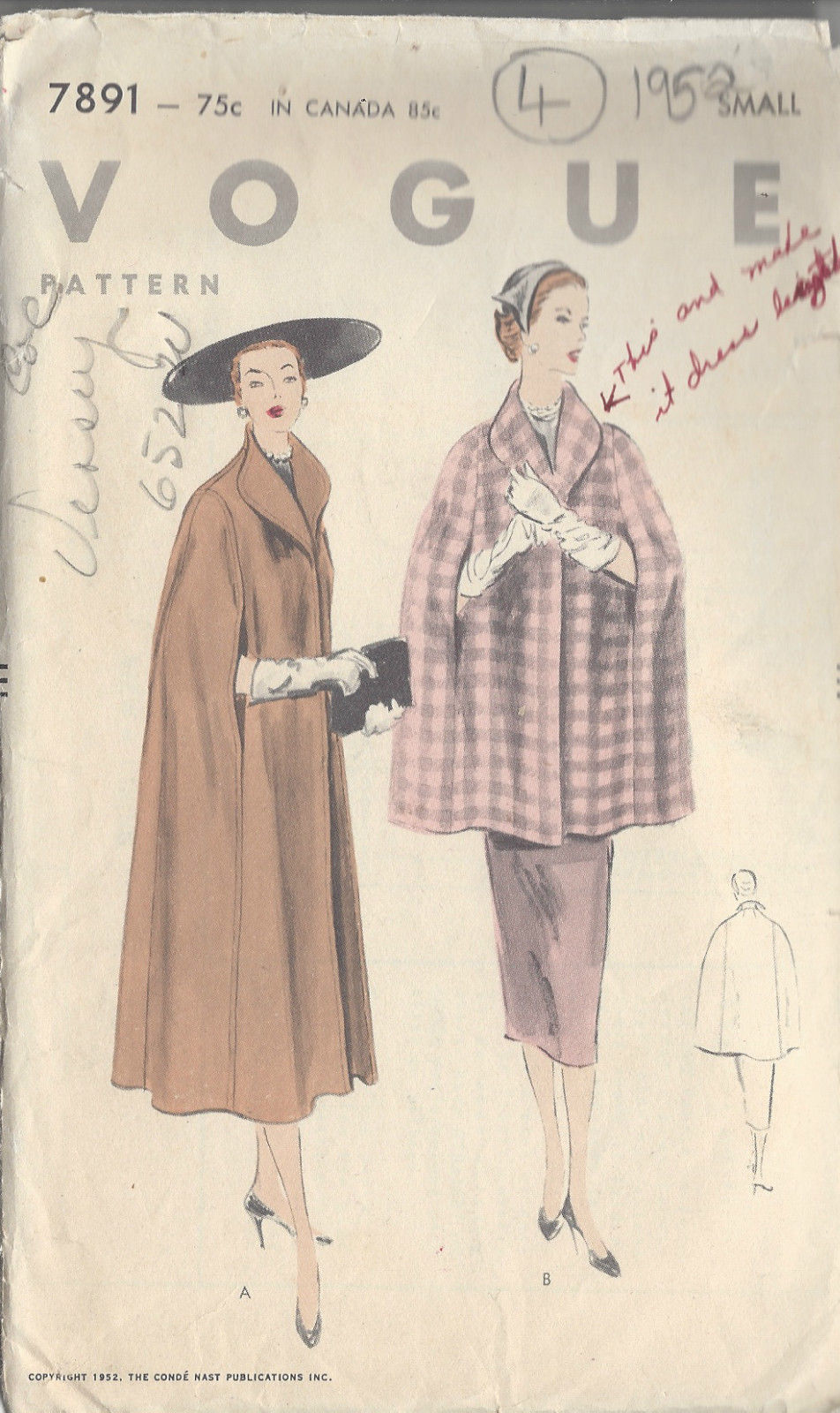 1952 Vintage VOGUE Sewing Pattern CAPE B30