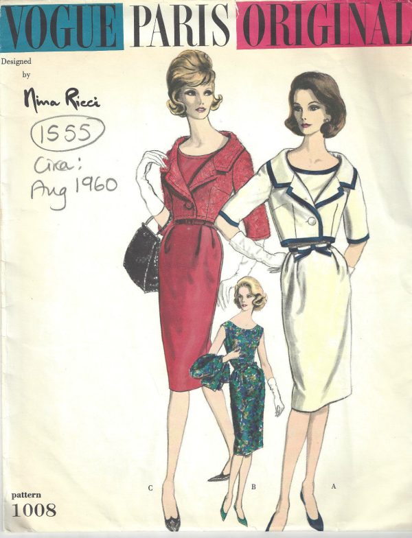 1960-Vintage-VOGUE-Sewing-Pattern-B38-BOLERO-JACKET-DRESS-1555R-Nina-Ricci-252202844448