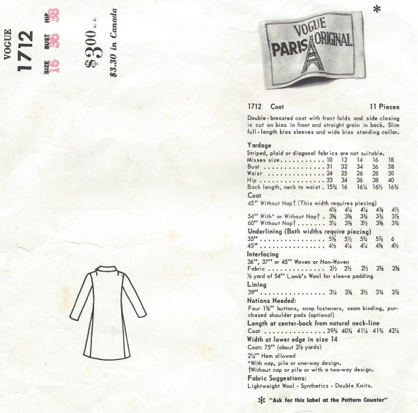 1960s-Vintage-VOGUE-Sewing-Pattern-B36-COAT-1018-By-Pierre-Cardin-262495487358-2