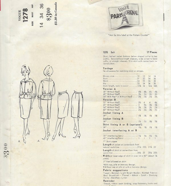 1963-Vintage-VOGUE-Sewing-Pattern-SUIT-SKIRT-JACKET-B34-1421-Pierre-Cardin-261940450228-2