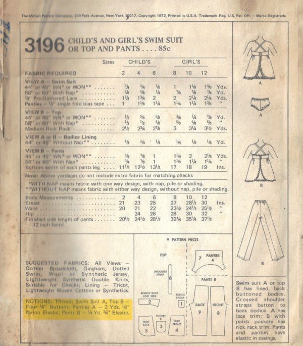 1972-Childrens-Vintage-Sewing-Pattern-S4-B23-SWIMSUIT-TOP-PANTS-C16-262604713178-2